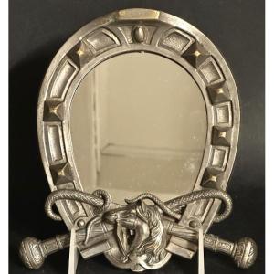 Miroir équestre décor de cheval et cravaches en bronze argenté équitation porte-bonheur chevaux