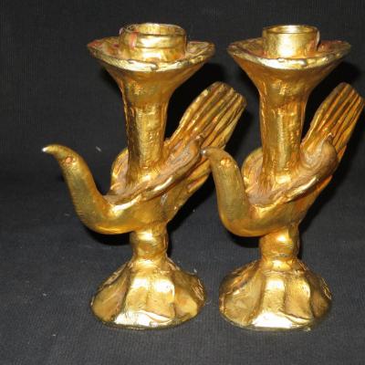 Pierre Casenove Pair Of Candlesticks Lamps Birds Gilt Bronze Fondica