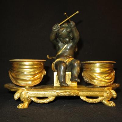 ENCRIER XIXe ANGELOT MUSICIEN bronze doré à 2 patines ange au tambour