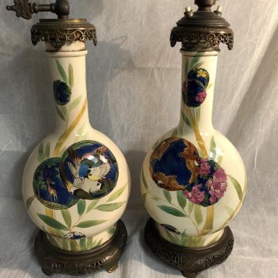 CREIL et MONTEREAU Service E. ROUSSEAU Rare Paire de Lampes à Pétrole XIXe