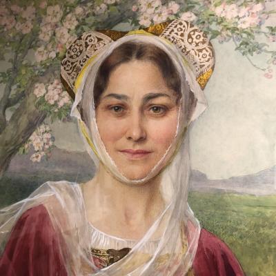 Elisabeth SONREL grande aquarelle Préraphaélite Jeune femme en costume Breton Art Nouveau