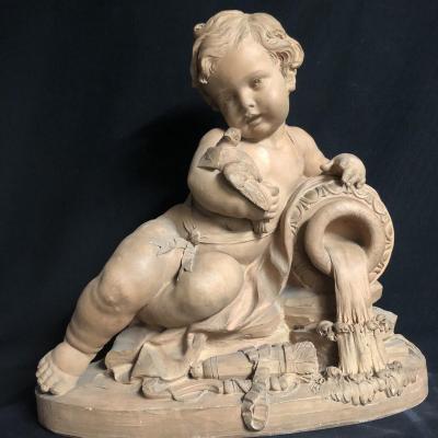 Simon Louis BOIZOT Importante sculpture 41 cm en terre cuite XVIIIe Enfant Putto 