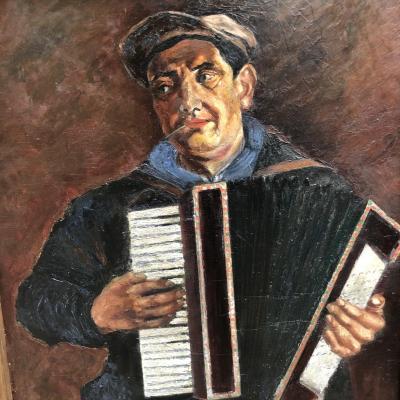 GRANDE HUILE sur panneau 1930 1940 ACCORDEONISTE 123 x 103 cm Art Deco musique de bal accordéon