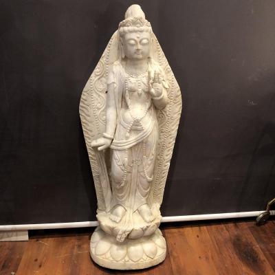 Very Important China Sculpture 91.5 Cm Guanyin In White Marble Ming Style Guan Yin Lotus