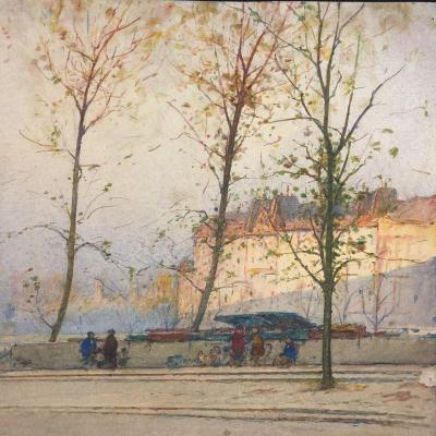 Paul Duvernay XXth Aquarelle Quai Des Bouquinistes In Paris Bouquiniste Along The Seine