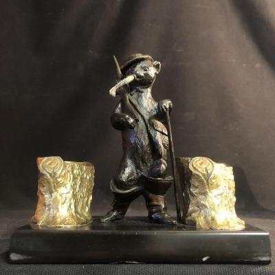 CHAT botté en bronze Brûlot de comptoir porte allumettes à double patine pyrogène chasseur