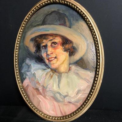 Leonie Humbert Vignot Lyon 1878-1960 Oil Young Woman With An Art Deco Hat Humbert-vignot