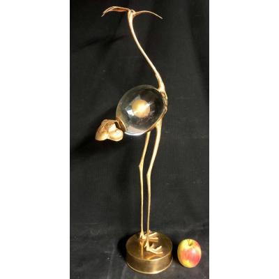 Important Sculpture 1970 Signed? 70 Cm Ibis Or Flamant Rose In Brass And Altuglas