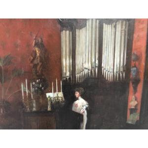 L. BELLE XIXe XXe GRANDE HUILE Jeune femme à l'orgue dans un intérieur bourgeois 