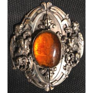 Piel Frères Belt Buckle In Silvered Bronze And Amber? Around 1900 Goldsmith