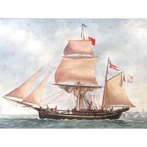 Auguste MUTERSE 1809-1879 RARE grande aquarelle XIXe MARSEILLE Bateau Marine