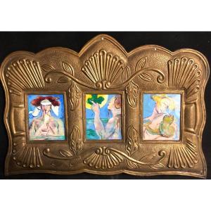 José Garcia Ocejo 1928-2019 Mexico Rare 3 Gouaches In A Brass Frame Mexican Artist