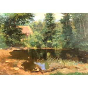 Rita Marguerite Gay 1865-? Oil Landscape At The Pond Rouen