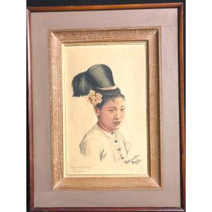 Maung Su VATANABON 1903-1965 RARE aquarelle Femme Birmane Rangoon Birmanie