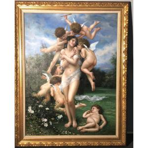 SHERRINGTON XXe IMPORTANTE huile Venus et Anges 141x110 cm Angelots Amour