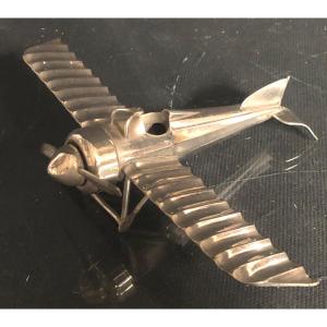 Rare Paperweight 1930 Propeller Plane In Silver Bronze Signed Schoumaker 1930