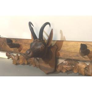 Chamois Wooden Coat Rack, Glass Eyes Black Forest Work Brienz Hook