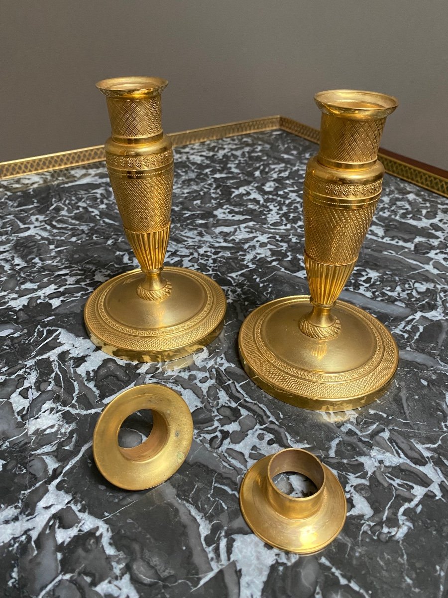 Pair Of Small Candlesticks In Chiseled And Gilded Bronze From The Empire/restoration Period-photo-4
