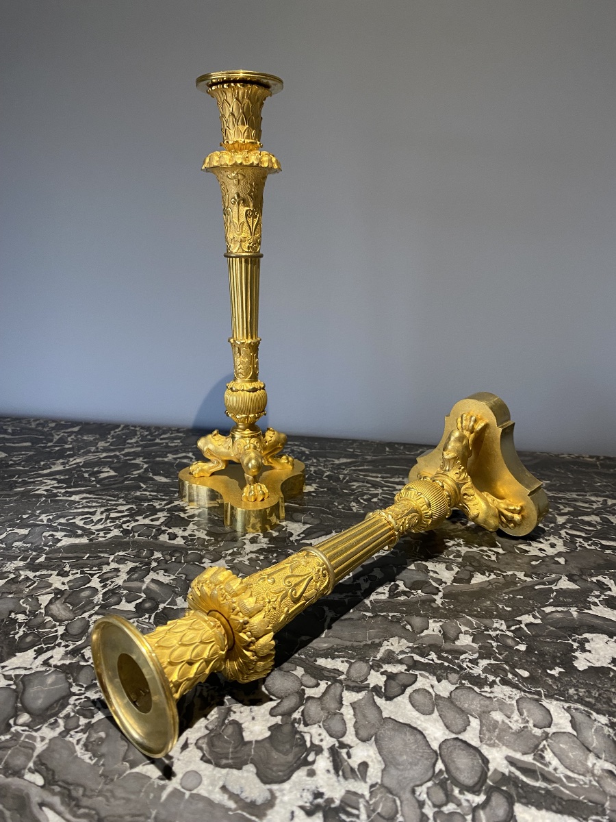 Paire de flambeaux en bronze doré , d’époque Empire , estampillés Pierre Chiboust (1779-1824) -photo-2