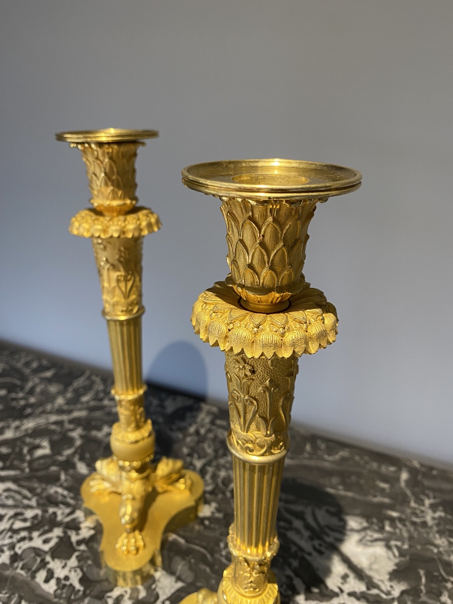 Paire de flambeaux en bronze doré , d’époque Empire , estampillés Pierre Chiboust (1779-1824) -photo-4