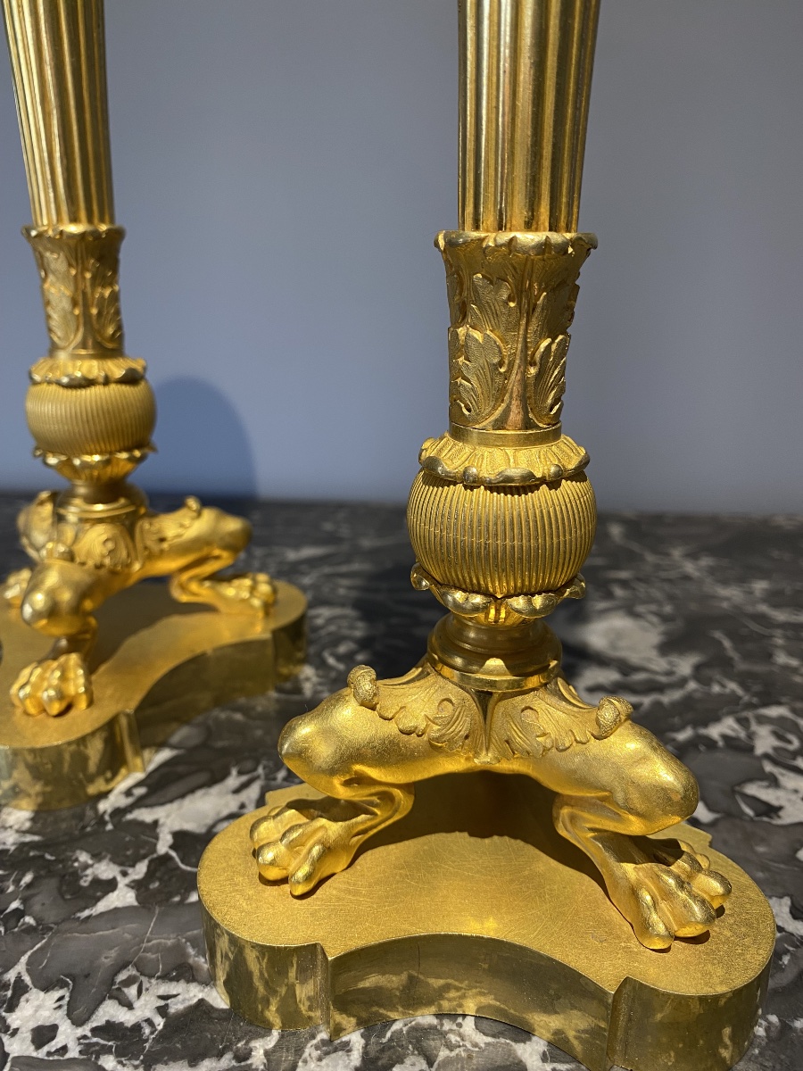 Paire de flambeaux en bronze doré , d’époque Empire , estampillés Pierre Chiboust (1779-1824) -photo-2