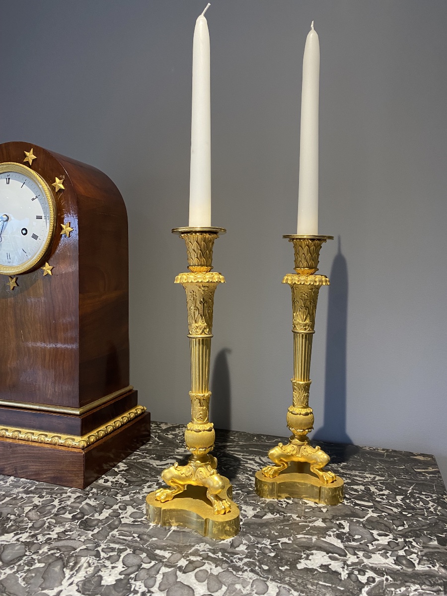 Paire de flambeaux en bronze doré , d’époque Empire , estampillés Pierre Chiboust (1779-1824) -photo-8