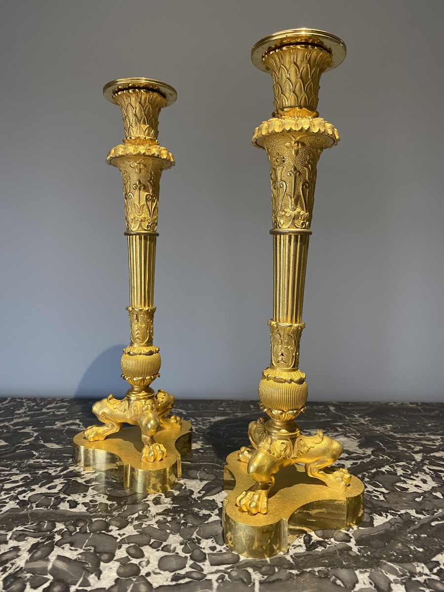 Paire de flambeaux en bronze doré , d’époque Empire , estampillés Pierre Chiboust (1779-1824) 