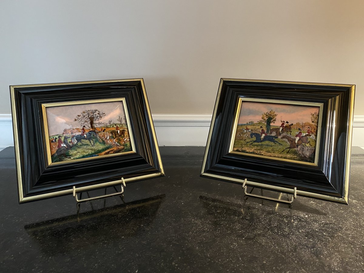 Pair Of Enamel Paintings On Hunting Subject