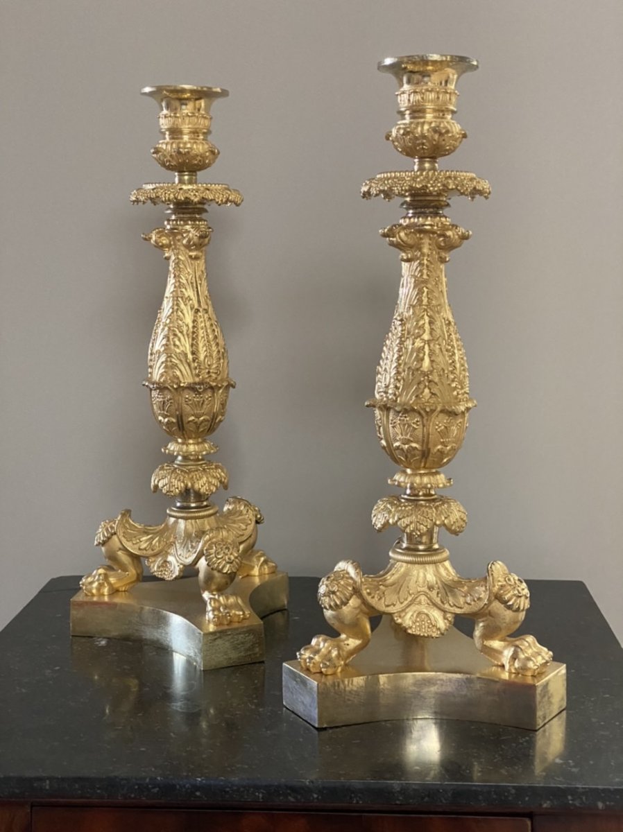 Pair Of Candlesticks In Chiselled And Gilt Bronze With Mercury, Restoration Period