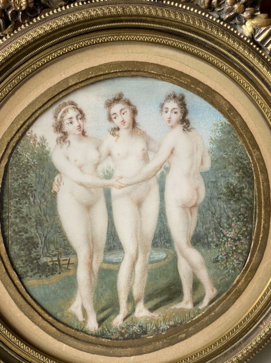 Miniature On Ivory From The Beginning Of The XIXth Representing The Three Graces.-photo-3