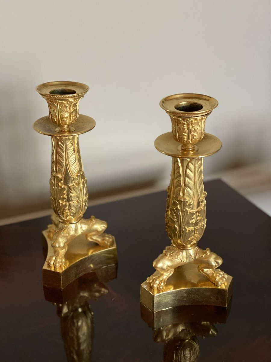 Paire De Bougeoirs En Bronze Ciselé Et Doré D’époque Empire/restauration -photo-2