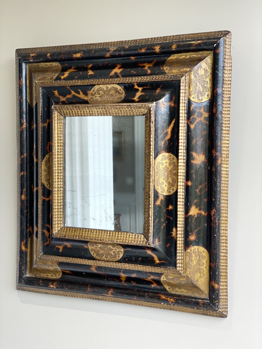 Beau Miroir Convexe En Bois Laqué Du XVII ème  Siècle -photo-3