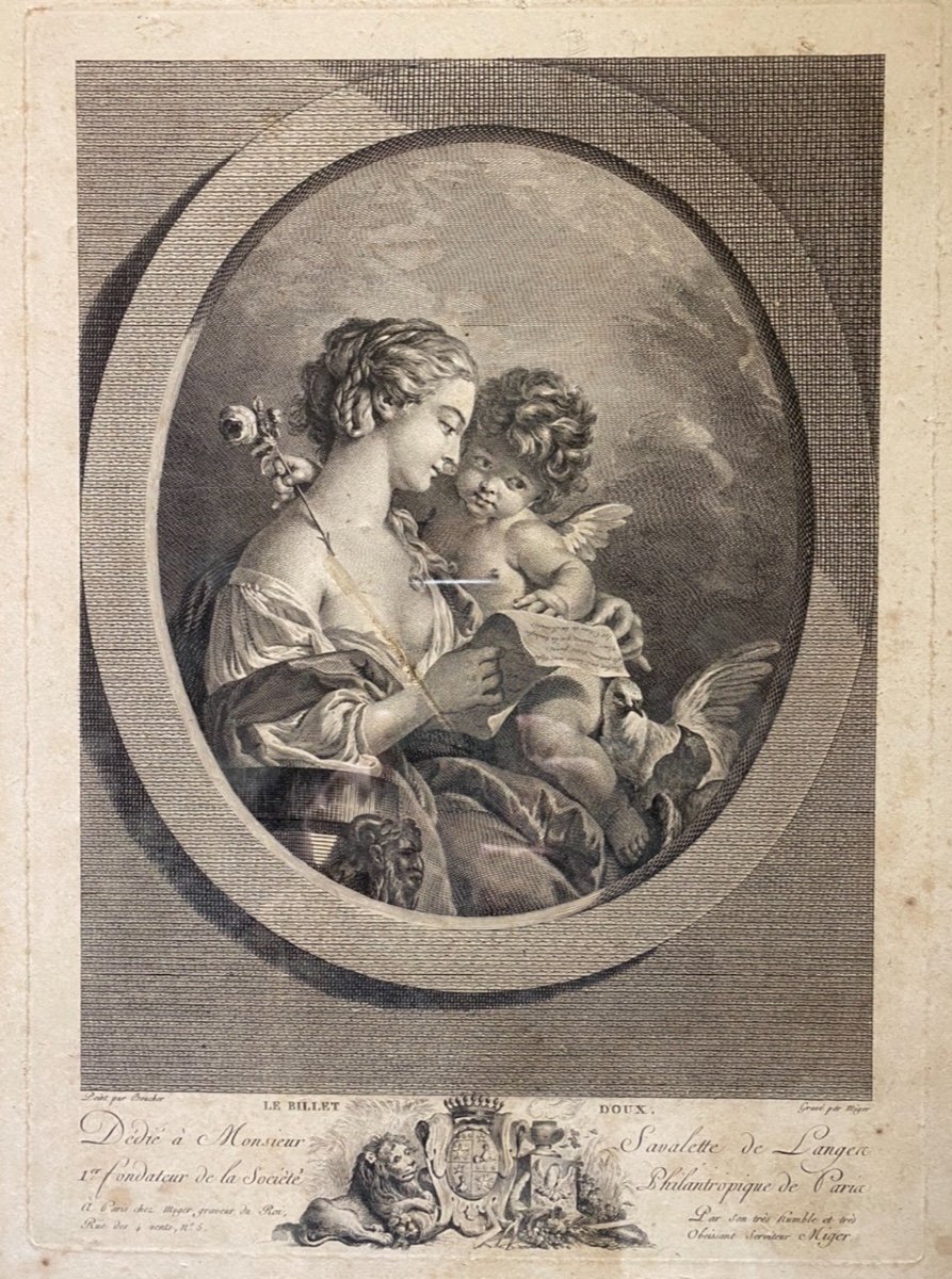 Gravure « le Billet Doux » , D’après F.boucher Gravée Par Miger XVIIIeme 