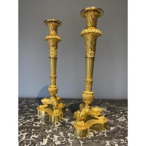 Pair Of Gilded Bronze Candlesticks From The Empire Period, Marked "pierre Chiboust" (1779–1824)