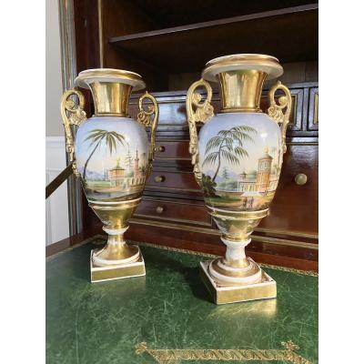 Pair Of Empire Period Vases In Paris Porcelain