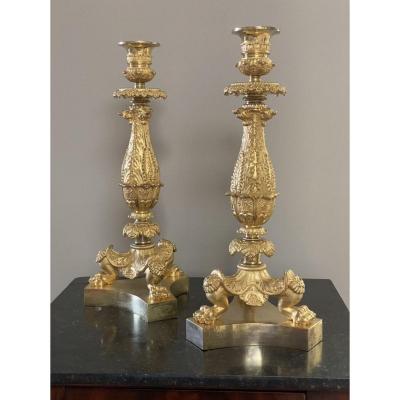 Pair Of Candlesticks In Chiselled And Gilt Bronze With Mercury, Restoration Period
