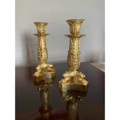 Pair Of Empire / Restoration Period Chiseled And Gilded Bronze Candlesticks