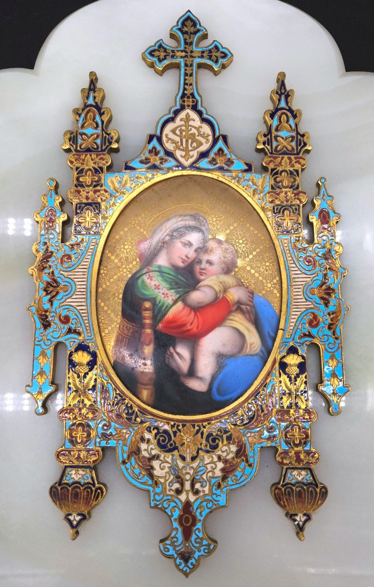 Important Stoup In Cloisonné Enamel And Painted Porcelain Virgin At The Chair-photo-3