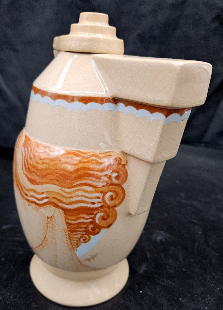 Paule Rouau For Cazalas: Art Deco Tiered Teapot Decorated With A Woman's Profile-photo-2
