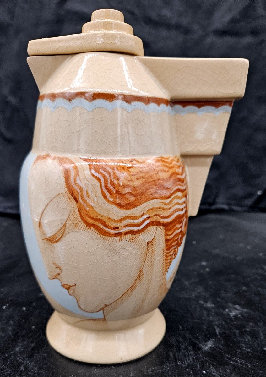 Paule Rouau For Cazalas: Art Deco Tiered Teapot Decorated With A Woman's Profile