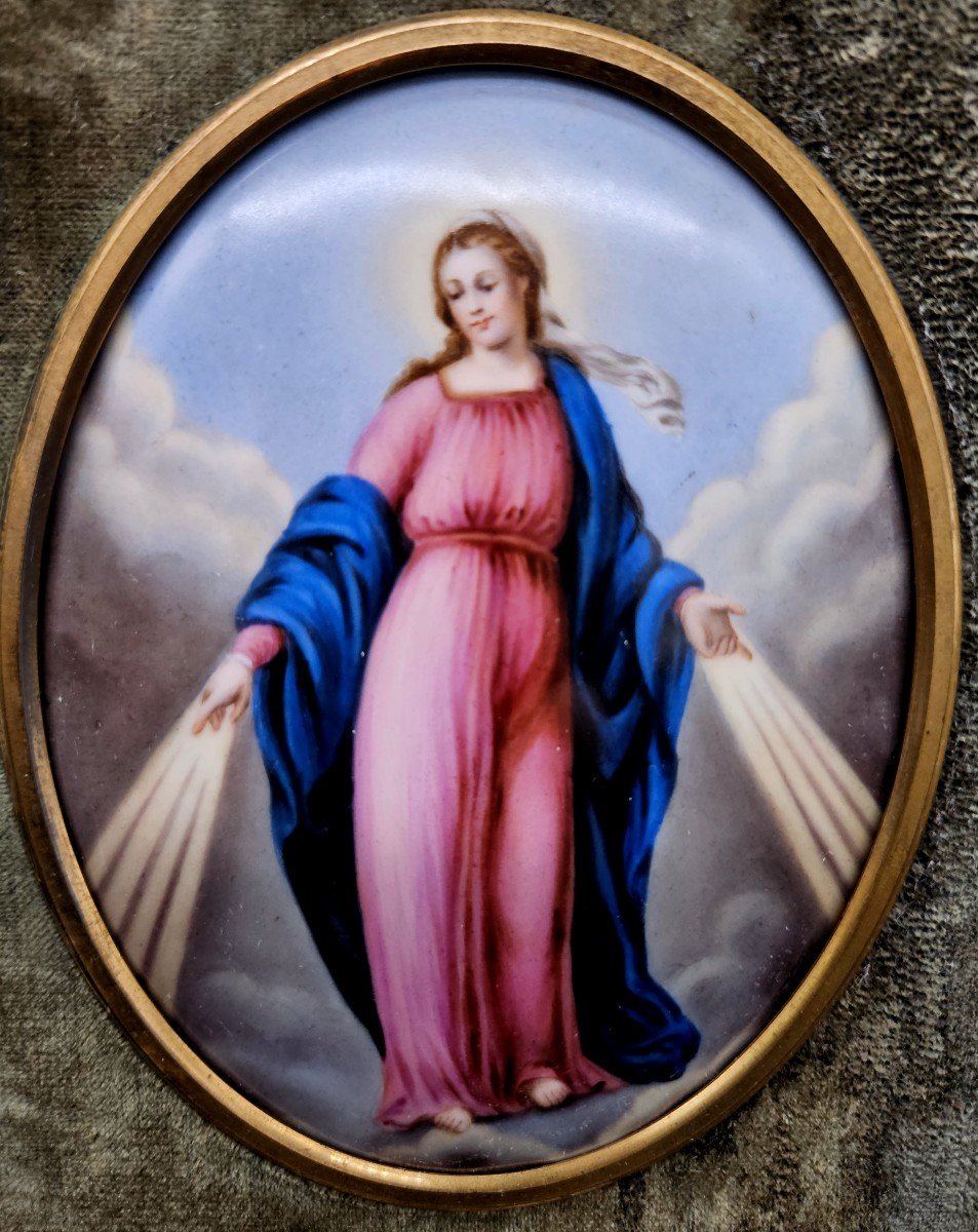 Vierge Miraculeuse Sur Plaque De Porcelaine 19ème Cadre Velours -photo-2