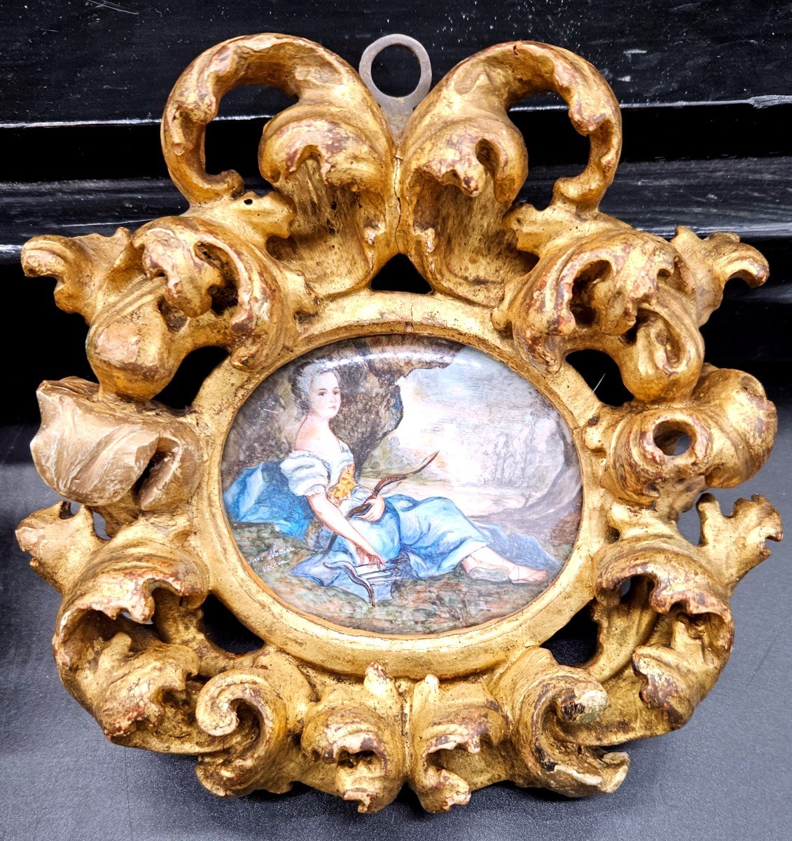 Pair Of Small 19th Century Golden Wood Rocaille Frames With Paintings On Porcelain-photo-3