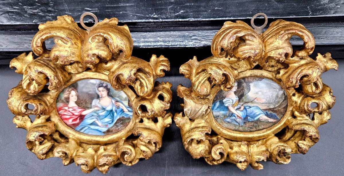 Pair Of Small 19th Century Golden Wood Rocaille Frames With Paintings On Porcelain-photo-4