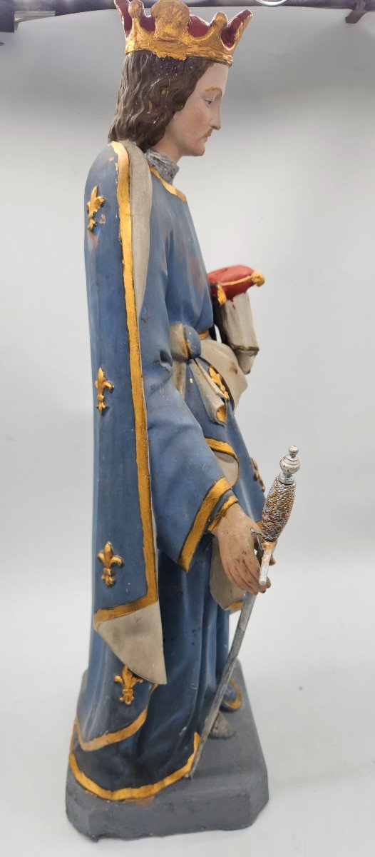 Saint-louis : Statue Ancienne En Plâtre Polychrome -photo-3