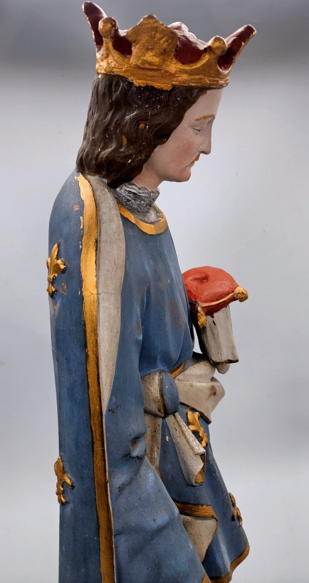 Saint-louis : Statue Ancienne En Plâtre Polychrome -photo-3