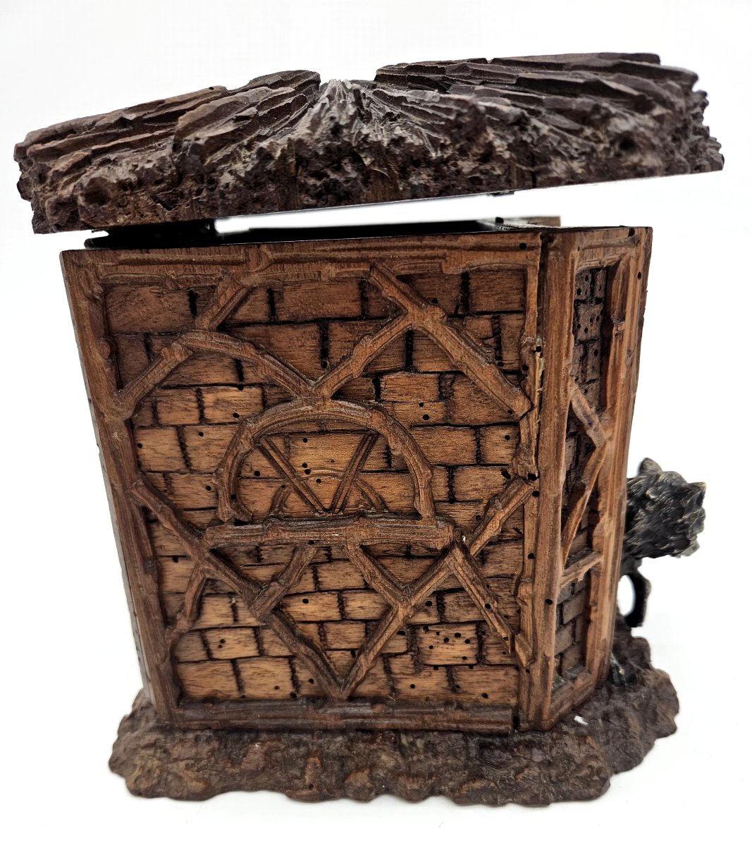 19th Century Black Forest Carved Wooden Secret Box With Bronze Fox -photo-4