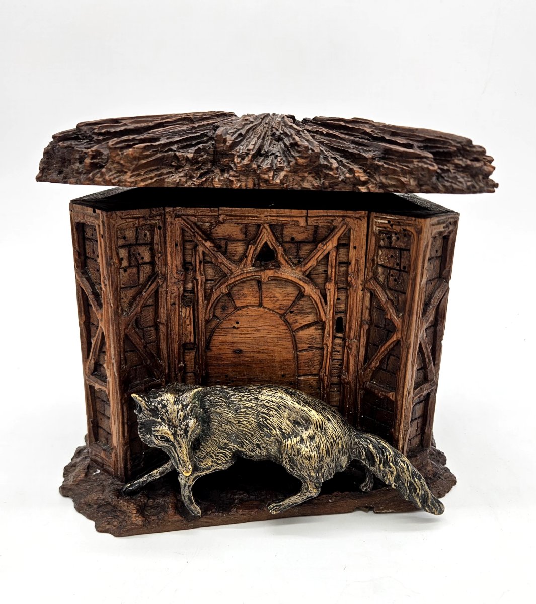 19th Century Black Forest Carved Wooden Secret Box With Bronze Fox -photo-7