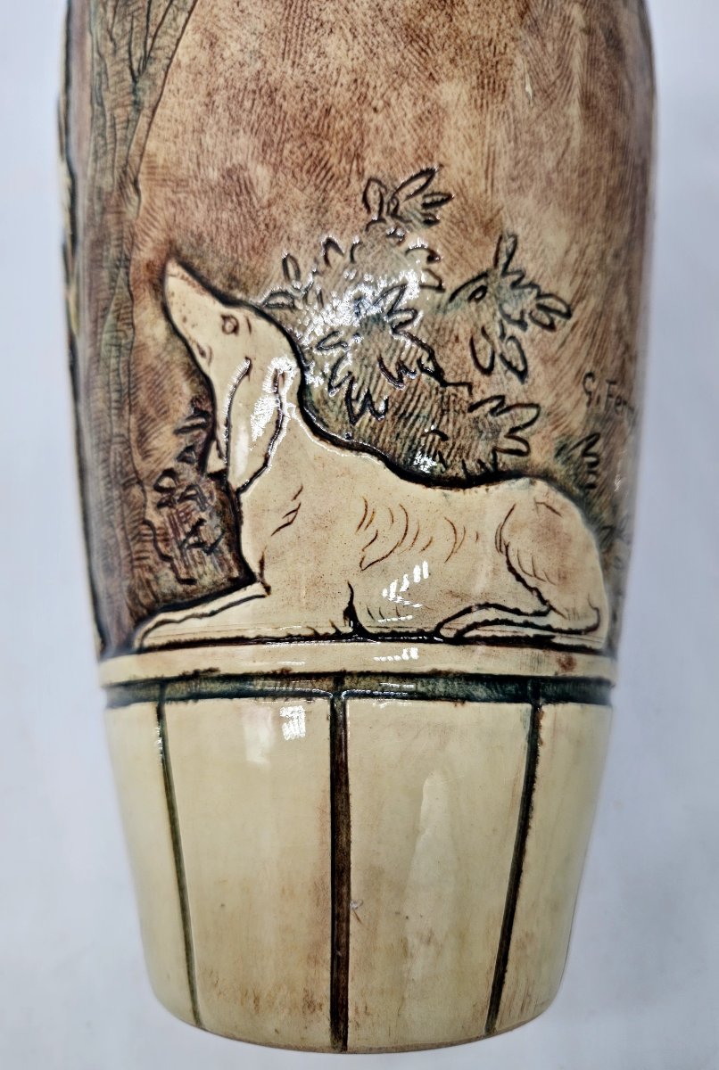 Georges Ferry: Large Art Deco Vase With An Amazon And Greyhounds Decor -photo-2