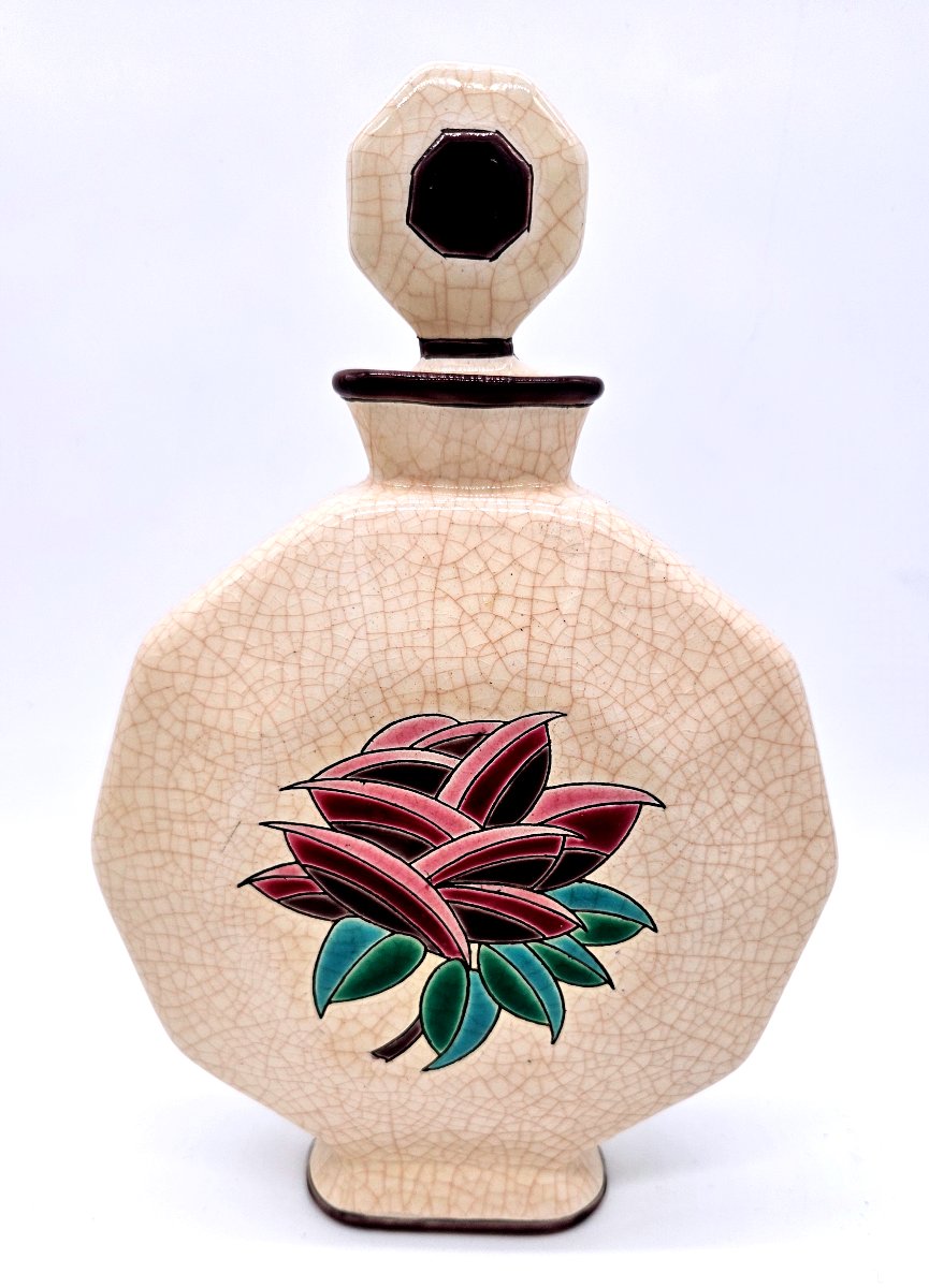 Bouteille Octogonale En émaux De Longwy Avec Son Bouchon à Décor Floral Stylisé-photo-4