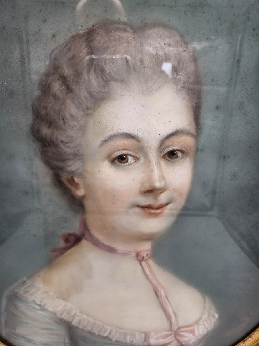 Portrait pastel  18ème femme au nœud rose Signé Daté 1766 -photo-2